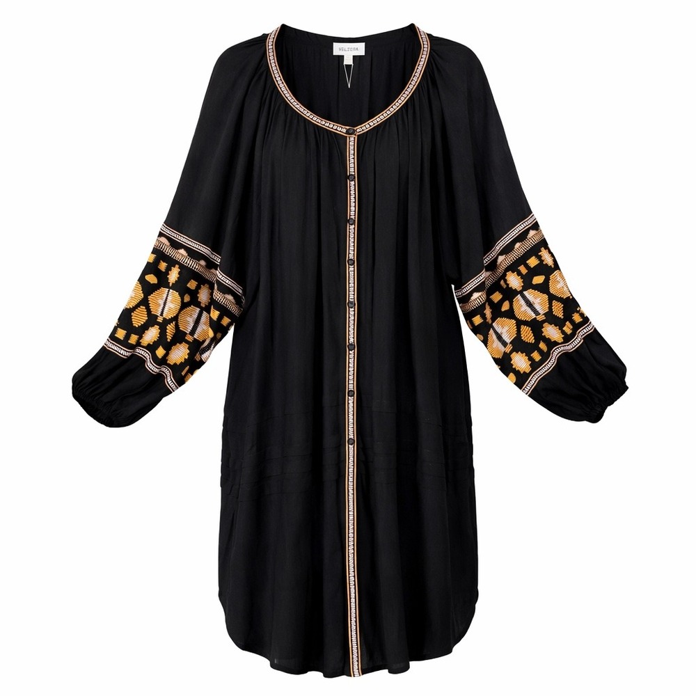 Velzera Womens 1XL Black‎ Embroidered Boho Tunic Dress Balloon Sleeve NWT